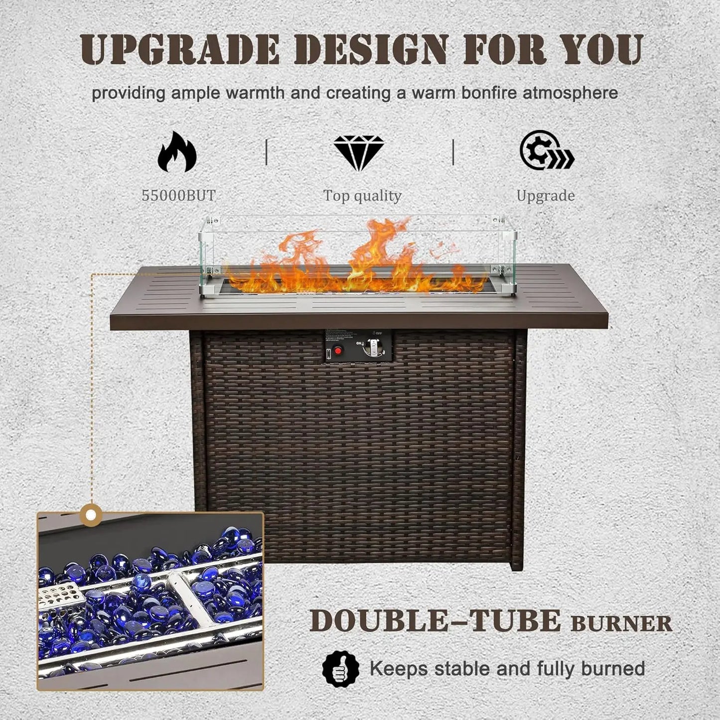 Propane Fire Pit Table 44 Inch 55000 BTU Outdoor Gas Fire Pit Rectangular with Glass Wind Guard Brown Aluminum Top