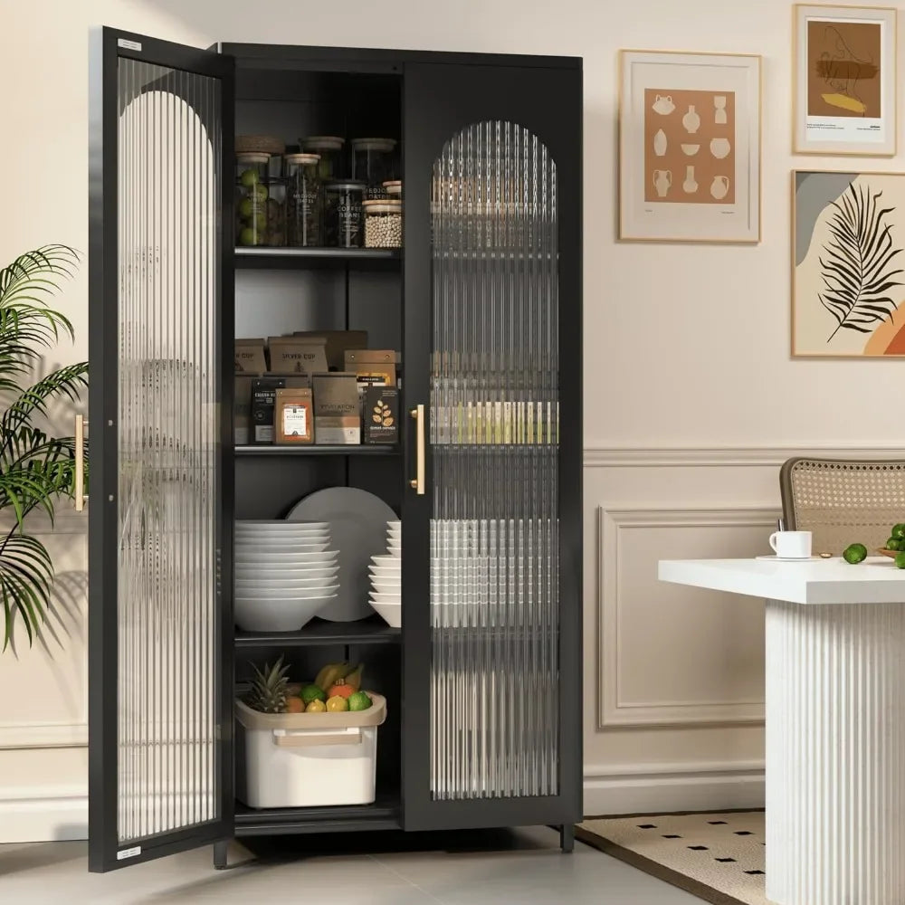 Kitchen Cabinet Metal Sideboard Storage Cabinet with Glass Doors and Adjustable Shelves
