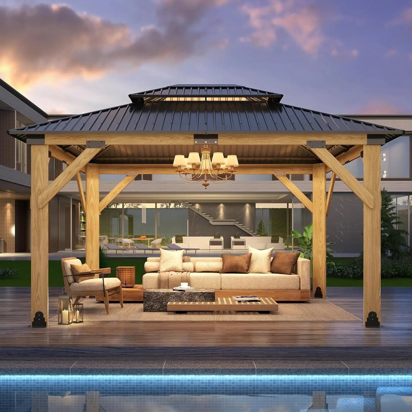 Outdoor Wooden Gazebo Patio Galvanized Steel Gazebo with Double Vented Roof Heavy Duty Cedar Wood for Garden Use
