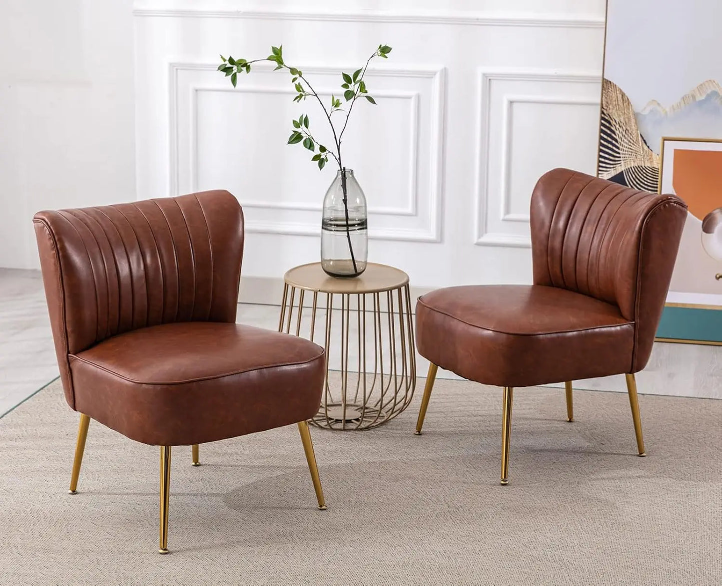 Leather Accent Chairs Set of 2 Modern Armless Upholstered Waterproof Slipper Chairs with Golden Legs Comfy Wingback Side Chairs