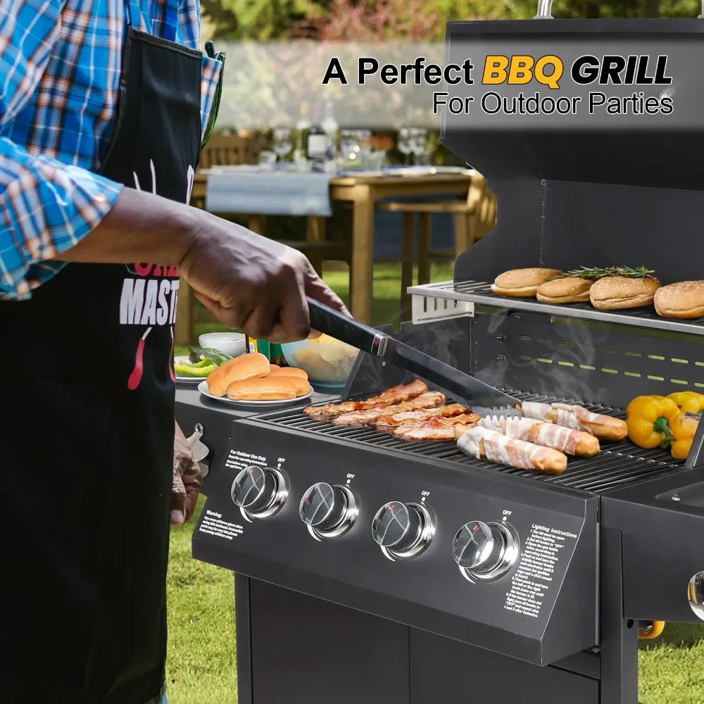 4 Burner Propane Gas Grill with Side Burner and Side Table for Outdoor Cooking and Camping
