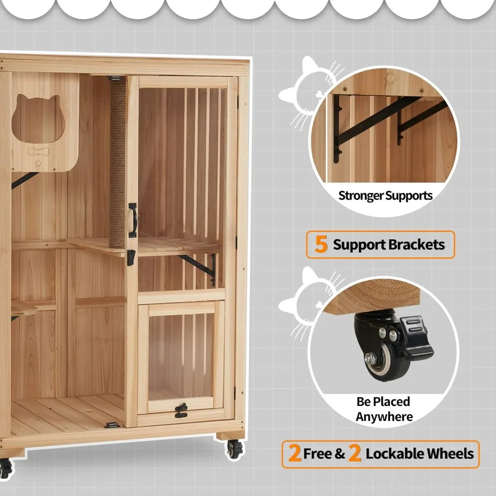 Luxury Cat House with Scratching Post Wooden Multi Feature Large Cat Condo with Escape Door and Wheels Kitten Cages with Shelves