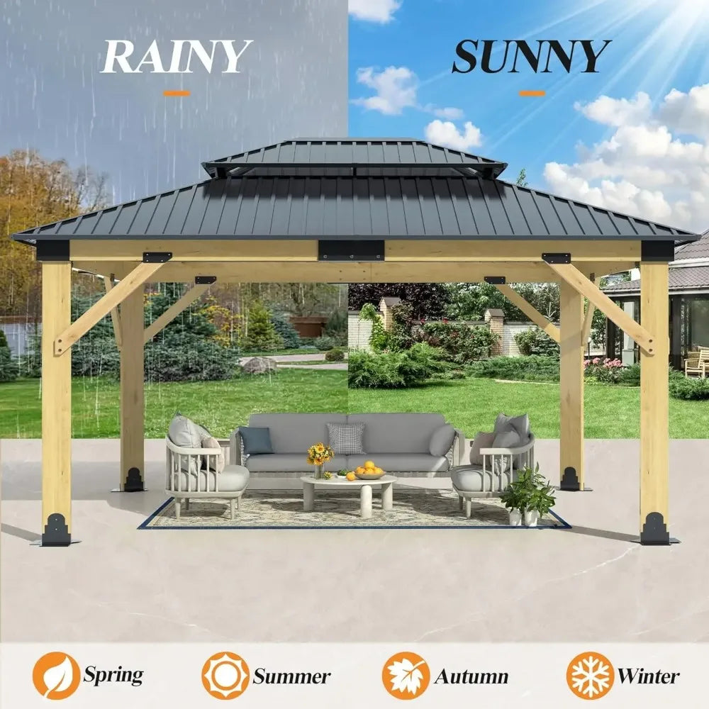 Outdoor Wooden Gazebo Patio Galvanized Steel Gazebo with Double Vented Roof Heavy Duty Cedar Wood for Garden Use