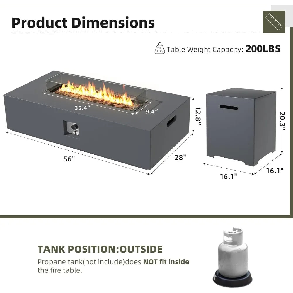 56 Inch Outdoor Propane Gas Fire Pit Table for Patio with Propane Tank Cover 50000 BTU Concrete Rectangle Fire Pit