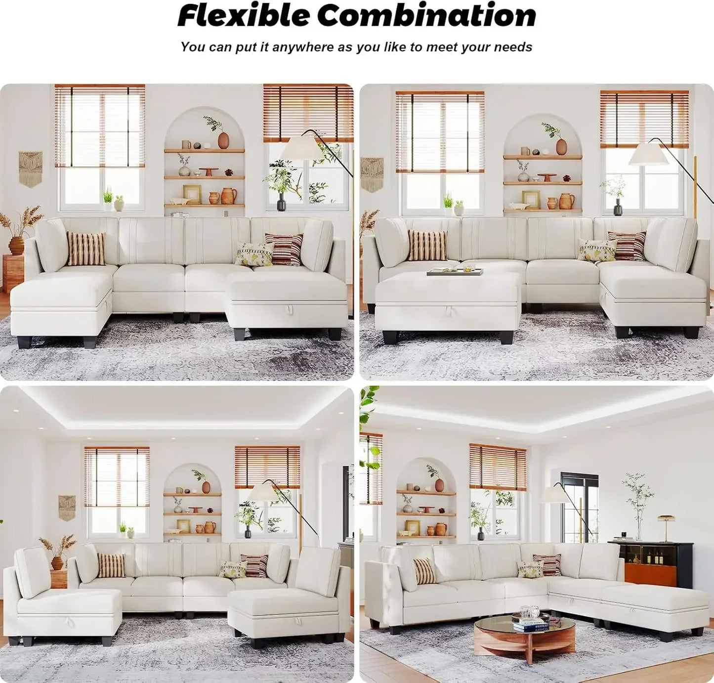 Sectional Couch with Storage Ottoman, U Shaped Sectional Sofa Couch, Convertible U-Shape Sectional Couch for Living Room, Beige