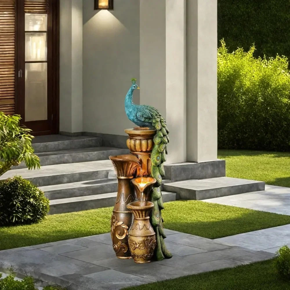 LuxenHome Outdoor Water Fountain 44 Inch Resin Peacock Water Fountain with Urns and LED Light Tall Outdoor Fountains