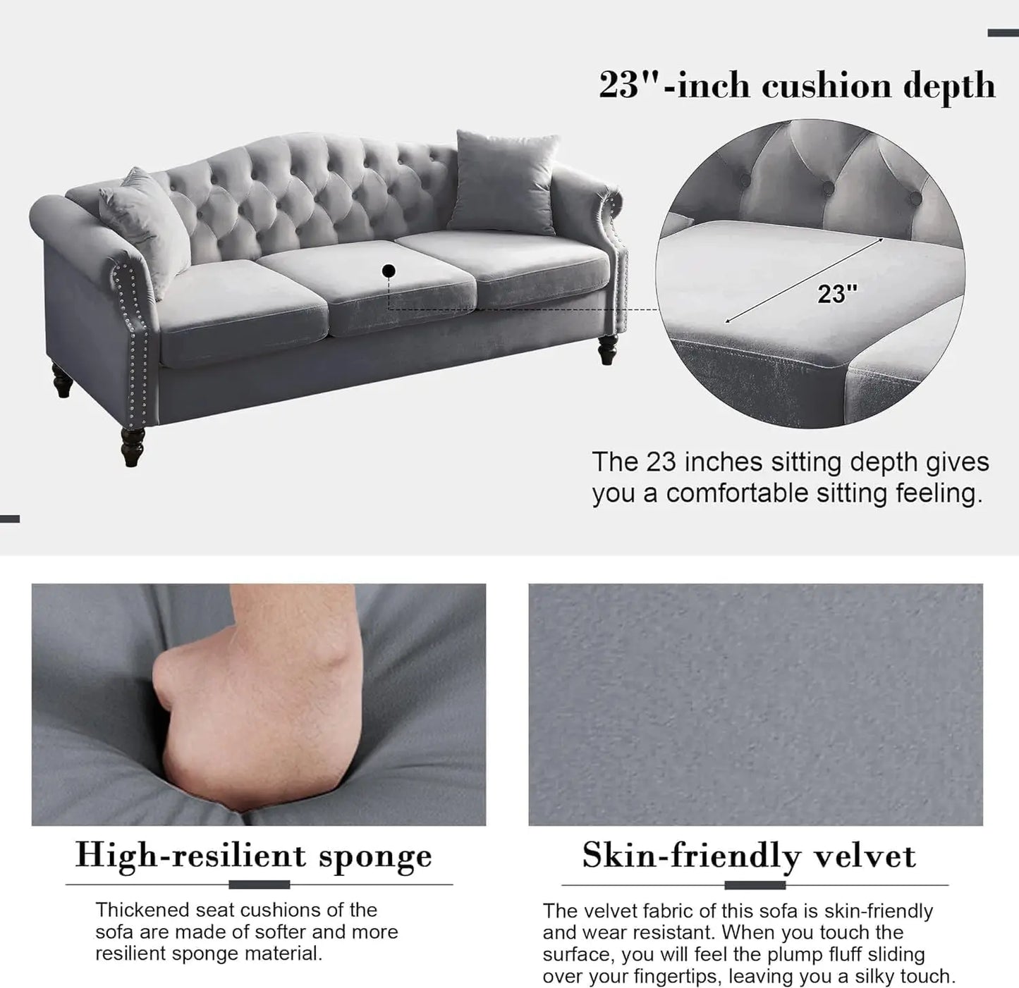 Chesterfield Velvet Sofa Set 3 Seater and Loveseat with Pillows Rolled Arms Nailhead Trim Classic Design Living Room Bedroom