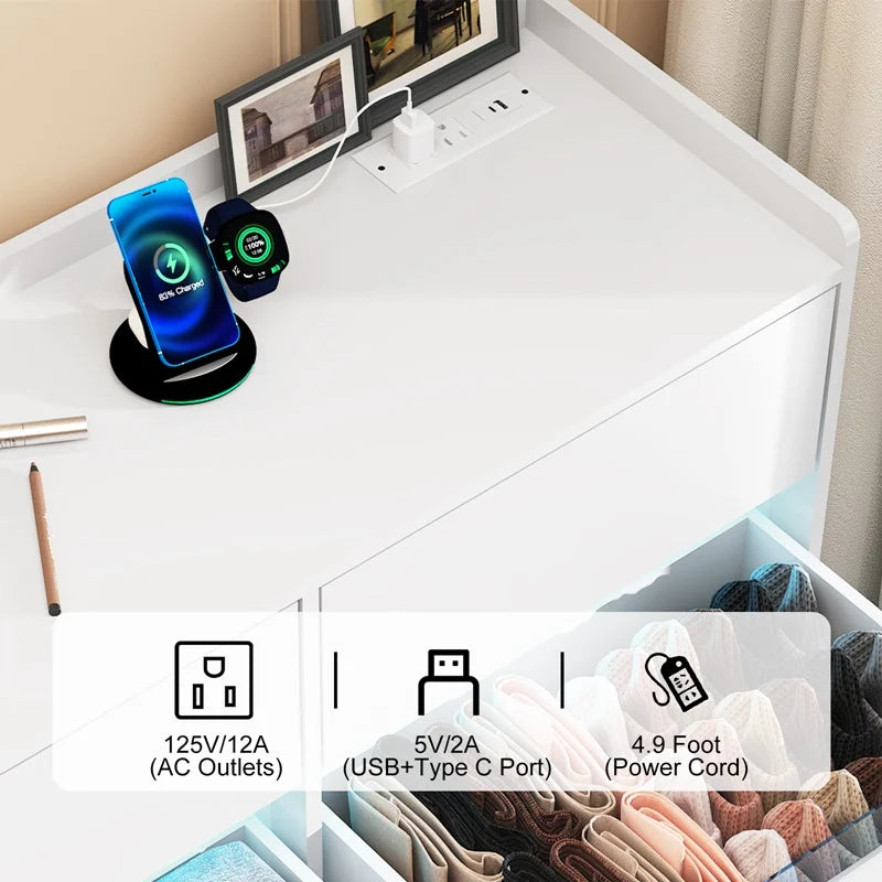 9 Drawer Dresser with Power Outlet and LED Light Modern Chest of Drawers for Closet 63 Inch Drawer Organizer Cabinet for Bedroom