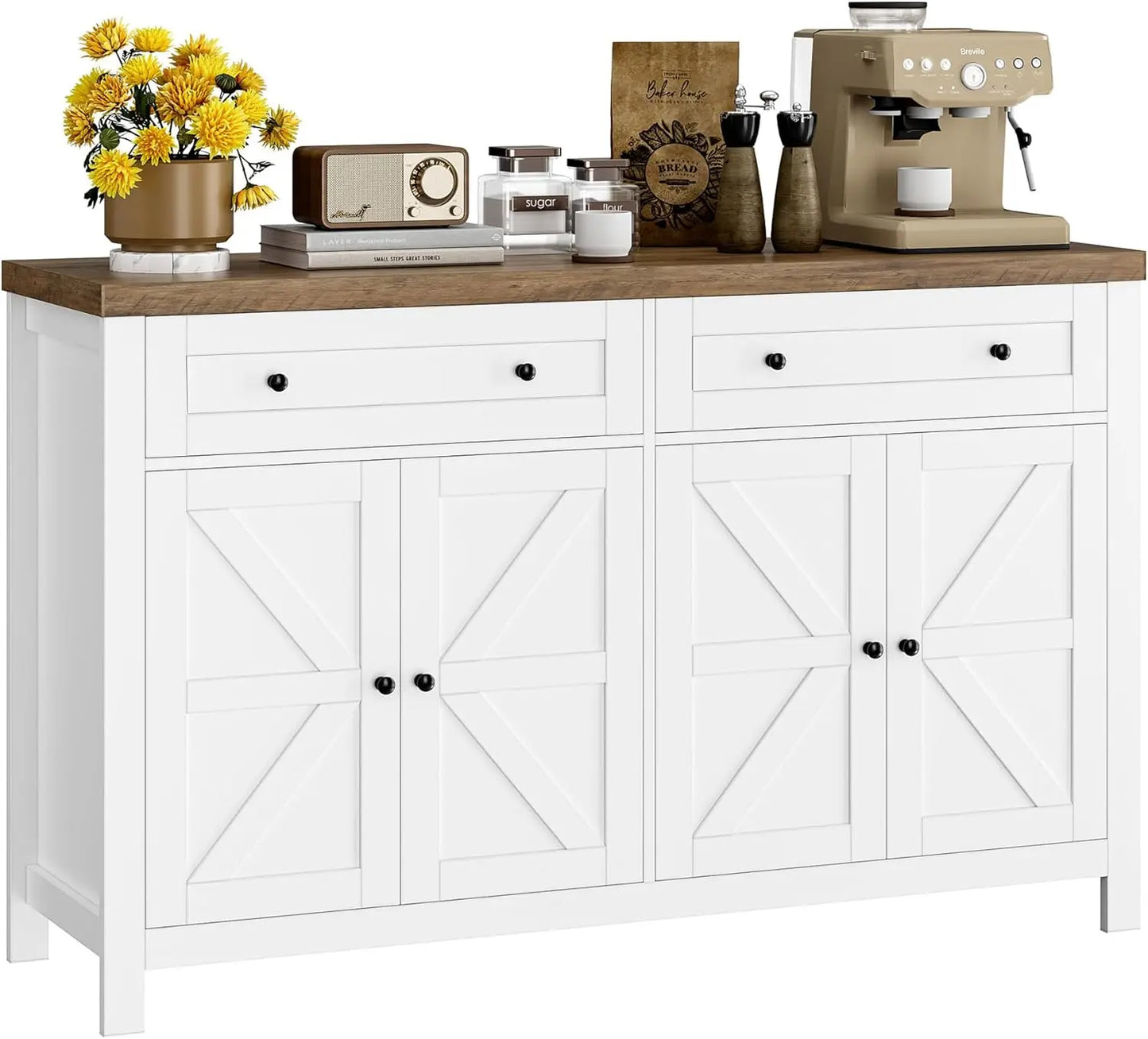 55" Buffet Sideboard Cabinet with Storage, Modern Farmhouse Coffee Bar Cabinet with Drawers and Shelves, Barn Doors Storage