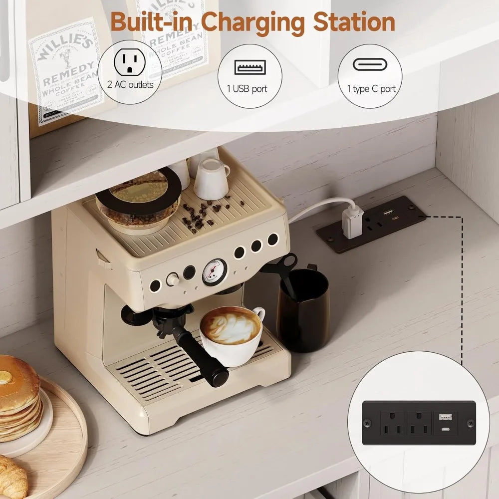 71 Inch Pantry Cabinet Kitchen Storage Cabinet with LED Light and Outlet Microwave Shelf and 6 Hooks