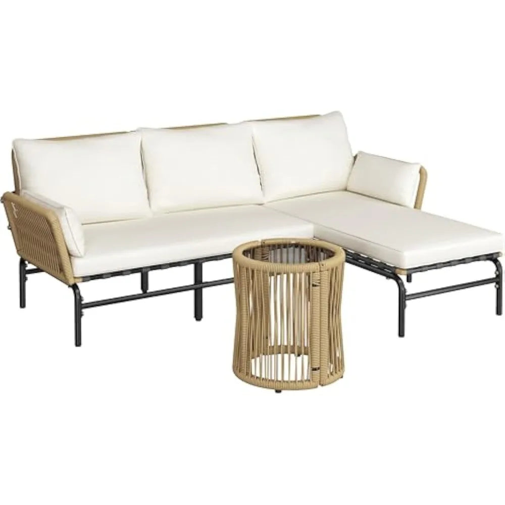 3 Pieces L Shaped Conversation Sofa Set Outdoor Patio Furniture Set with Detachable Lounger Thick Cushions Glass Side Table