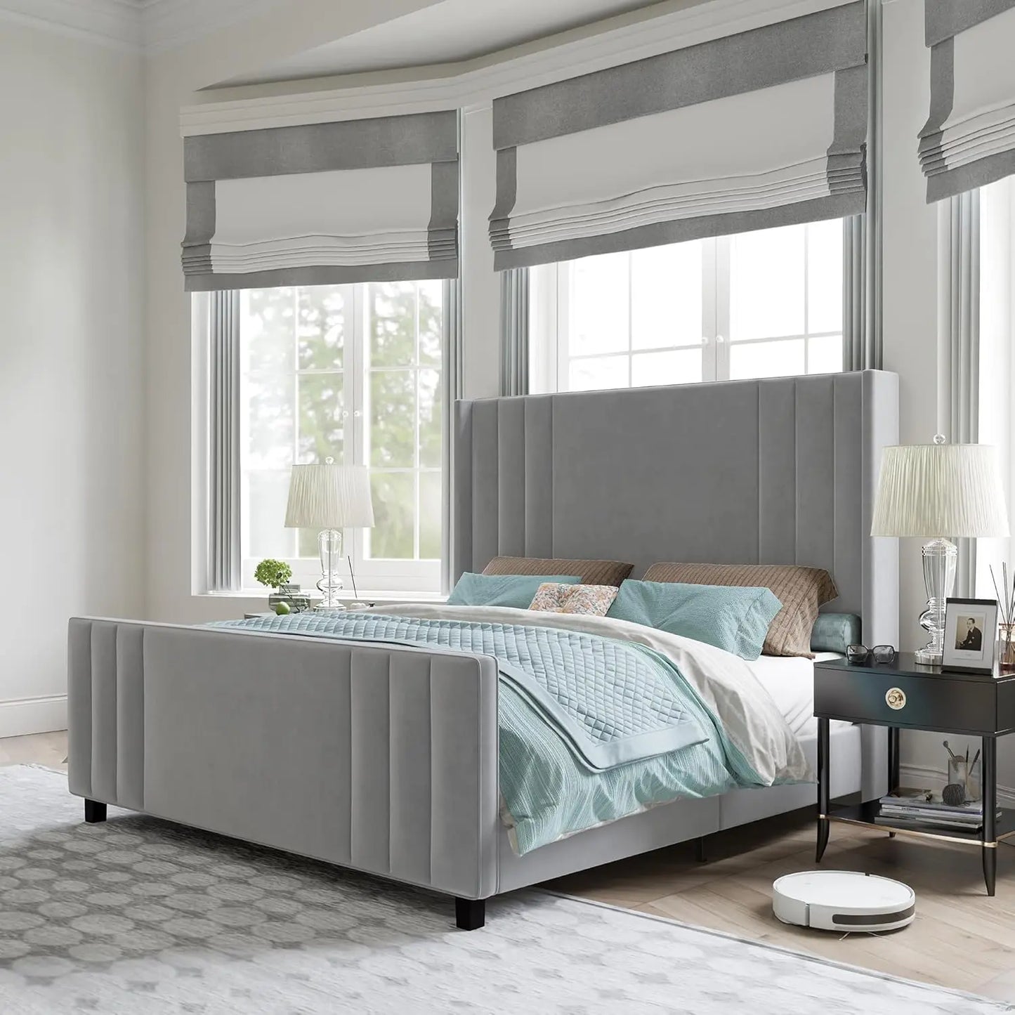 Queen Size Velvet Upholstered Platform Bed Frame with Vertical Channel Tufted Headboard and Footboard Wingback