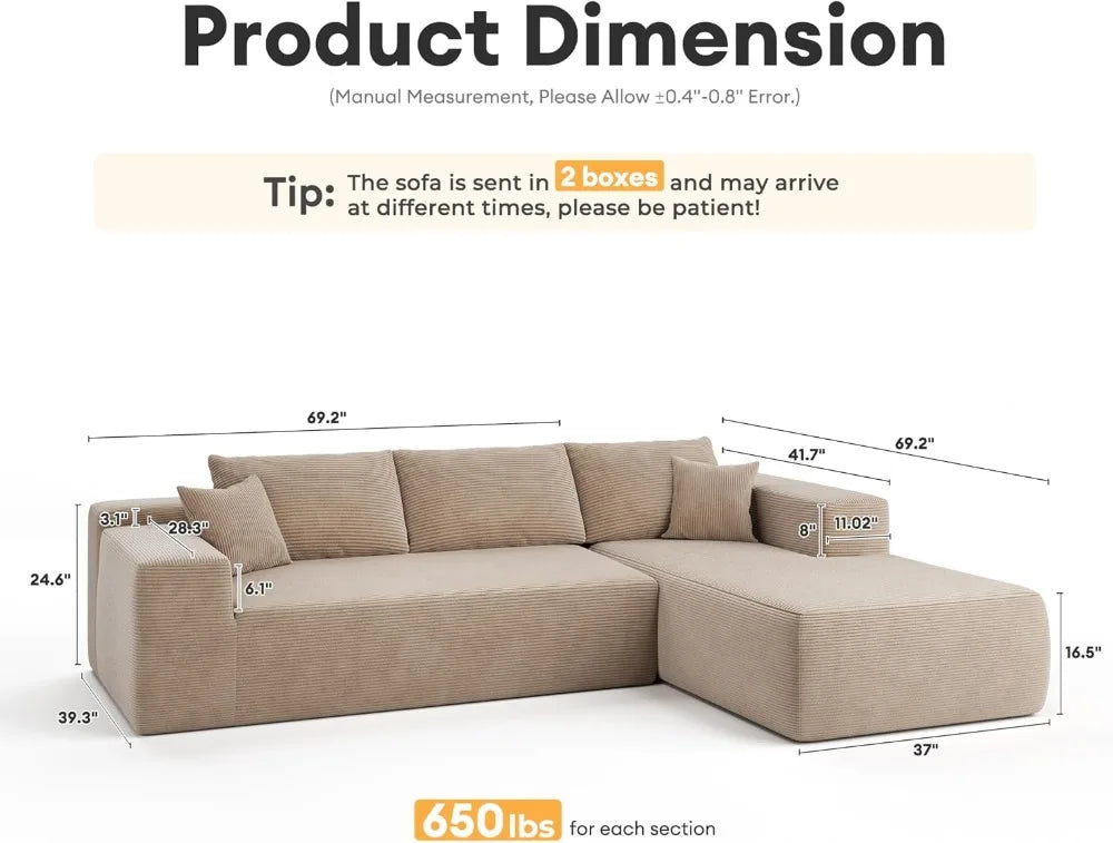 L Shaped Couch,106" Assembly Free Modern Minimalist Sofa,Extra Deep Large Sofa Couch Set,Corner Couch in A Box for Living Room