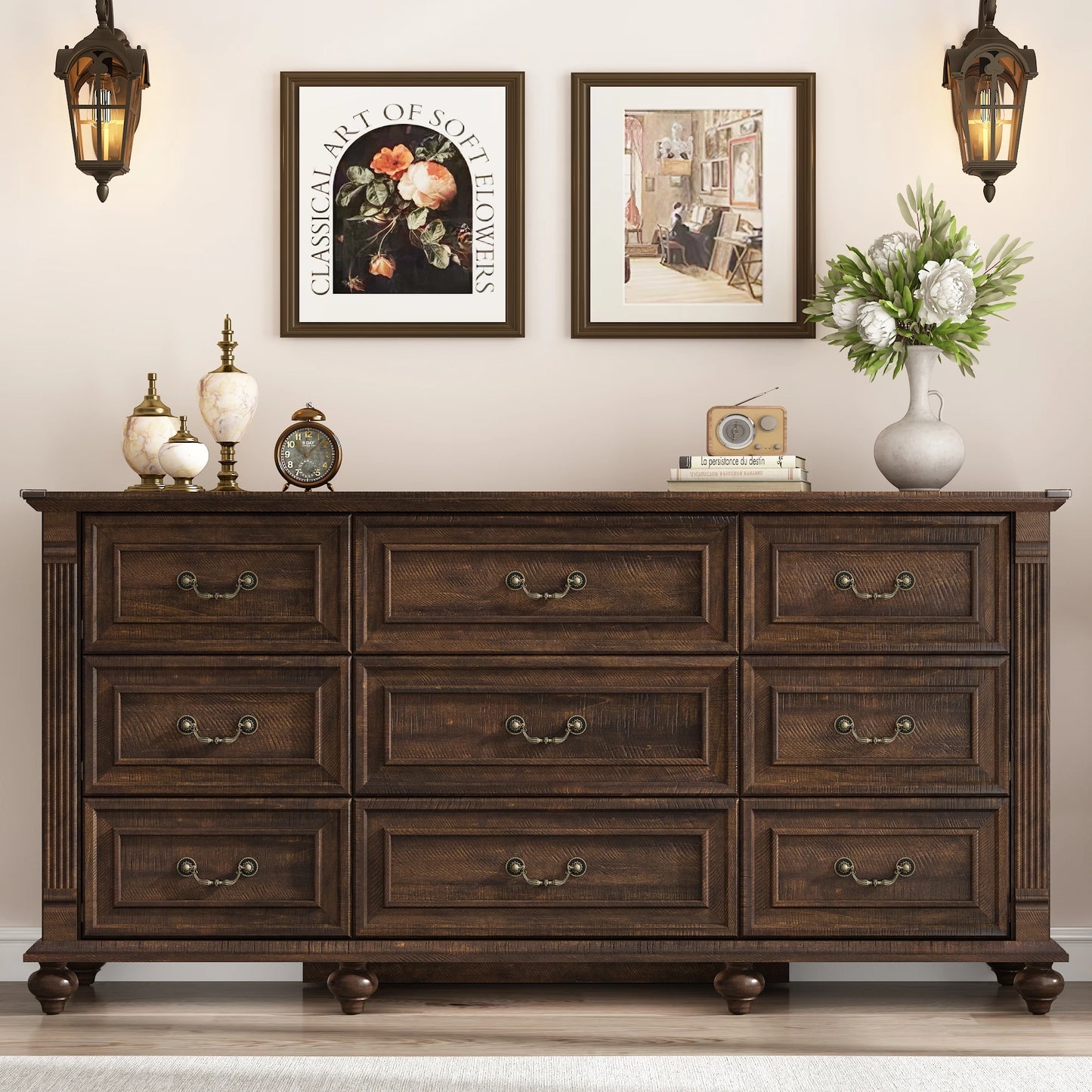Farmhouse 9 Drawer Dresser for Bedroom with 6 Gourd Feet and Roman Column Decor 63 Inch Wide Wood Country Rustic Chest of Drawers