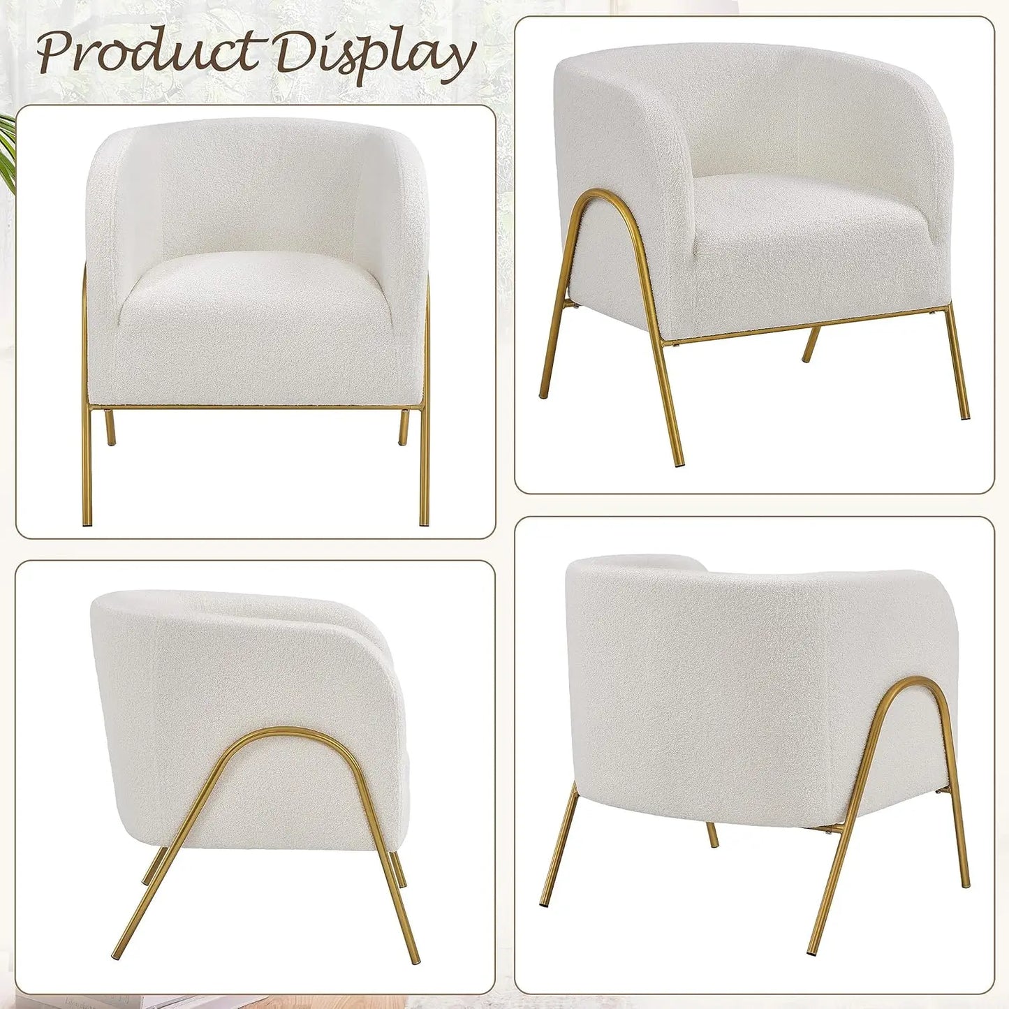 Set of 2 Armchair Set Side Chairs for Living Room Boucle Fabric Vanity Chairs with Gold Legs for Bedroom Office Reading Nook