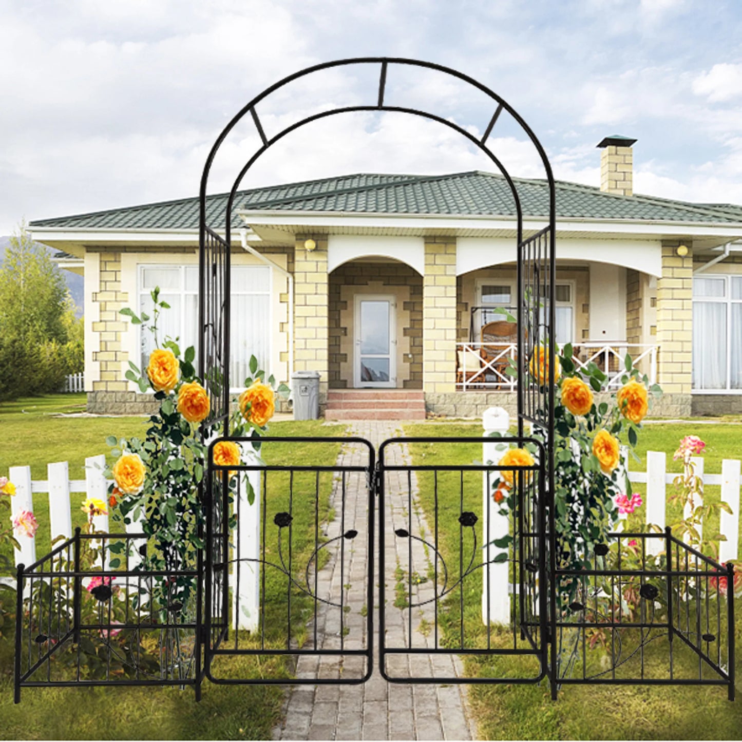 Metal Garden Arch with Gate 6.63 Feet Wide x 7.2 Feet High Climbing Plants Support Rose Arch Outdoor Black