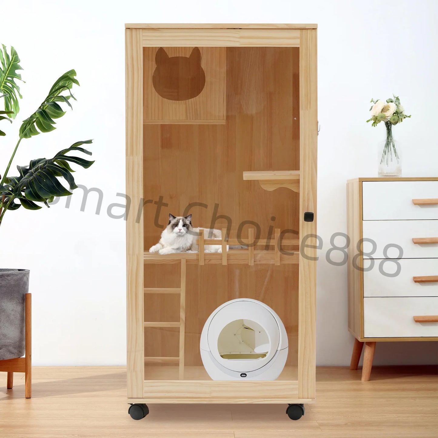 Large Wooden Cat House Luxury Multi-Feature Cat Condo Cat Condo House with Posts Oversized Cat Villa on Wheels