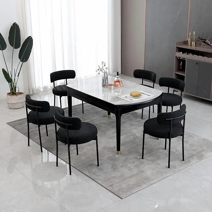 Dining Chairs Set of 6, Modern Dining Room Chairs with Curved Backrest, with Black Metal Legs, Upholstered Kitchen Chairs