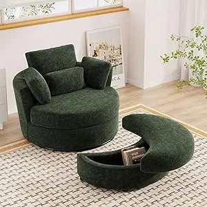 Oversized Swivel Accent Chair with Half Moon Storage Ottoman, 42'' W Chenille Round Swivel Barrel Chair, Modern Upholstered Comf