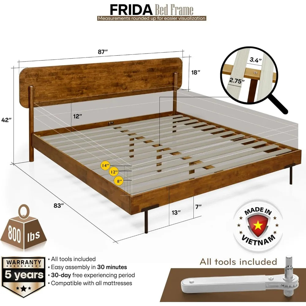 Acacia Frida King Size Bed Frame and Headboard Solid Wood Platform Bed Scandinavian Design 800 Pounds Capacity