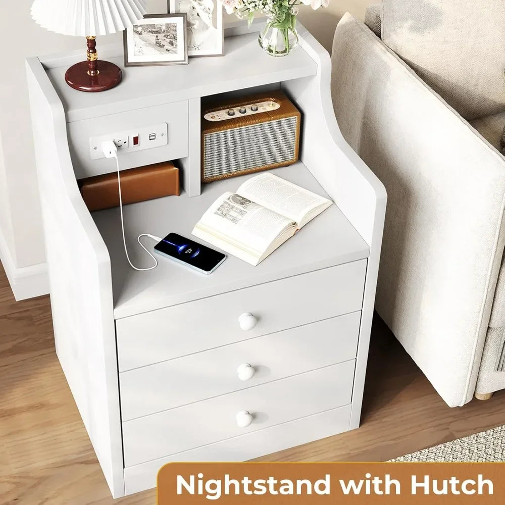 Nightstand with Charging Station and 3 Storage Drawers Modern Bedside Table with Hutch