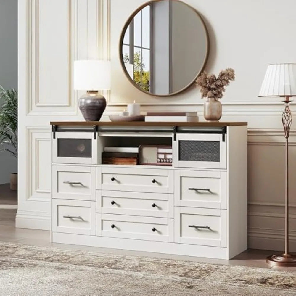 White Farmhouse Dresser for Bedroom 55.1 Inch Large Wooden Chest of Drawers 7 Drawer Long Dresser