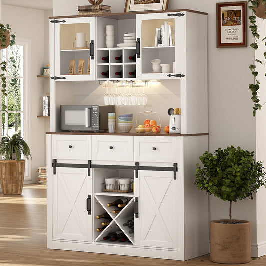 VOWNER Farmhouse Bar Cabinet with Sliding Barn Door Sideboard Buffet Cabinet with Wine and Glasses Rack Storage Cabinet for Kitchen