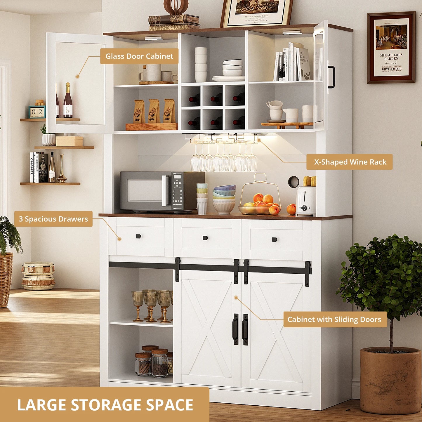 VOWNER Farmhouse Bar Cabinet with Sliding Barn Door Sideboard Buffet Cabinet with Wine and Glasses Rack Storage Cabinet for Kitchen