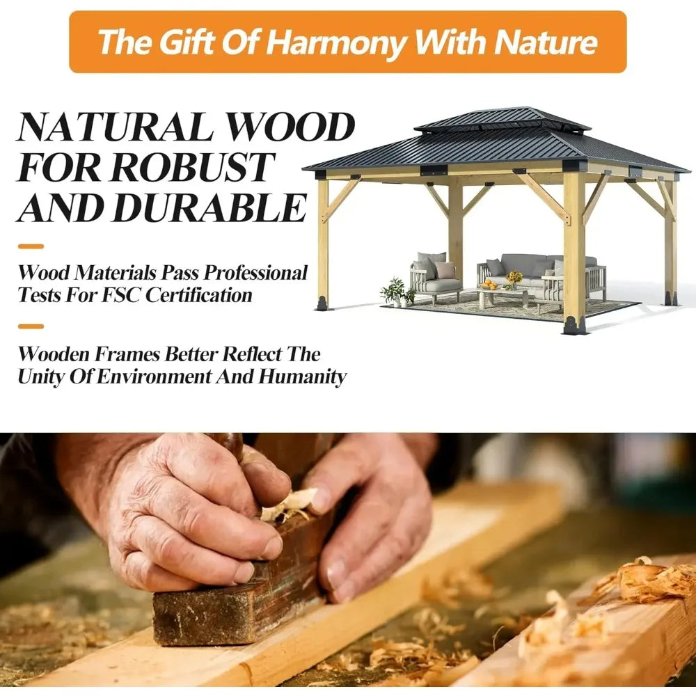 Outdoor Wooden Gazebo Patio Galvanized Steel Gazebo with Double Vented Roof Heavy Duty Cedar Wood for Garden Use