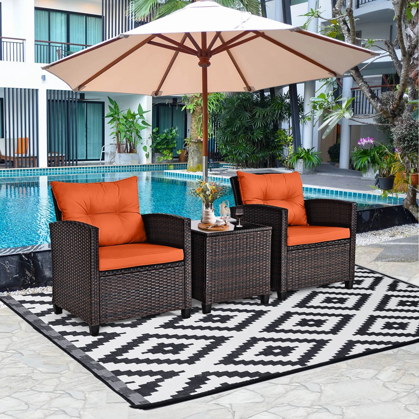3 Piece Patio Rattan Furniture Set Cushioned Conversation Sofa Orange