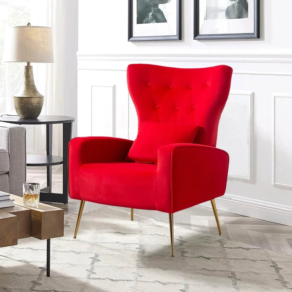 Velvet Accent Arm Chair Mid Century Modern Living Room Chair Wingback Bedroom Side Chair with Gold Legs and Pillow Button Tufted