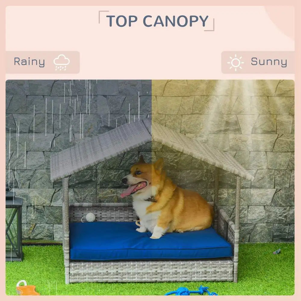 PawHut Wicker Dog House Outdoor With Canopy Rattan Dog Bed With Water Resistant Cushion For Small And Medium Dogs Dark Blue