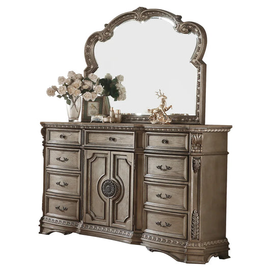 Antique Silver European Style Dresser with Wood Top Solid Carved Vanity Mirror for American Bedroom Furniture