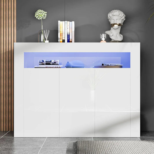 Modern White Buffet Cabinet with LED Lights High Gloss Sideboard Storage Cabinet with 3 Doors and Adjustable Shelf