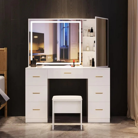 Large Lighted Vanity Desk with Stool and 7 Drawers Makeup Vanity Set Adjustable Brightness White Bedroom Furniture