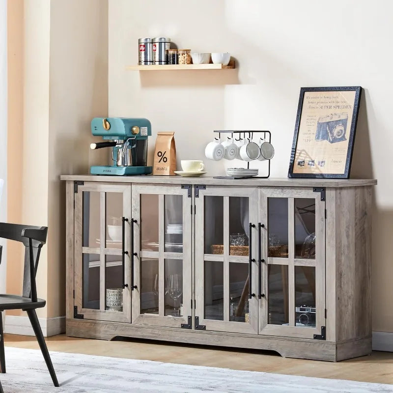 Farmhouse 63 Inch Buffet Sideboard Cabinet with Glass Door Large Storage Cabinet with Adjustable Shelf Wooden Coffee Bar Station