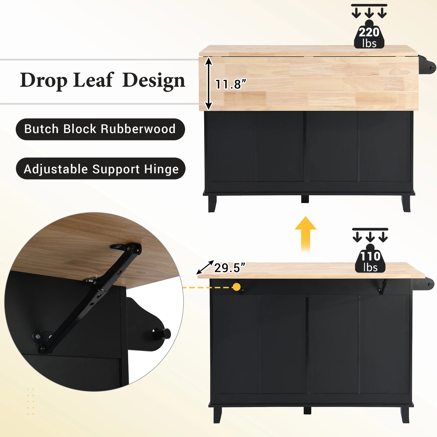 Topmax Farmhouse Kitchen Island Set with Drop Leaf and 2 Seatings Dining Table Set with Storage Cabinet Drawers and Towel Rack