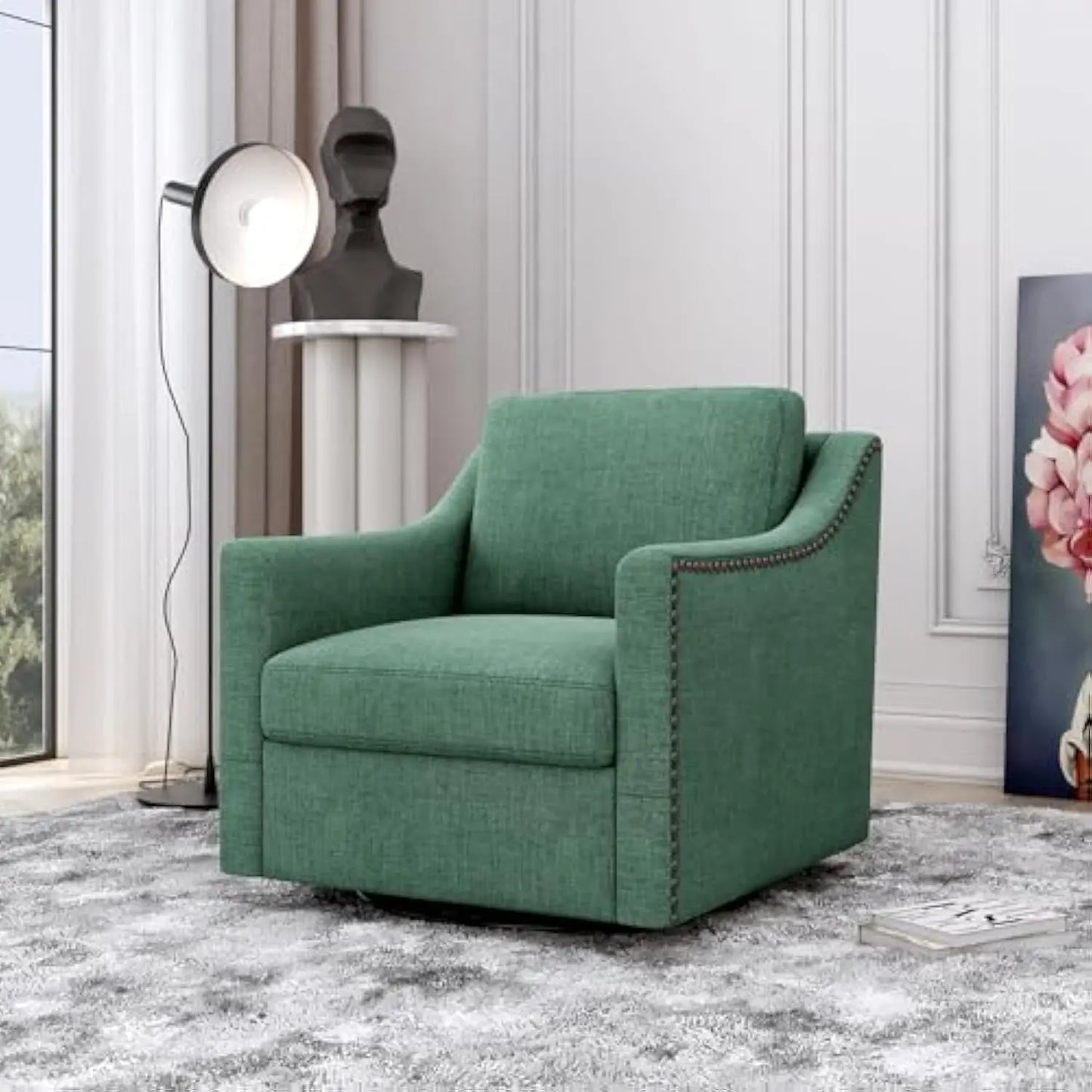 Swivel Barrel Chair, Modern Linen Boucle Swivel Accent Chair with Comfy Back Pillow, Oversized Swivel Upholstered Reading Loung