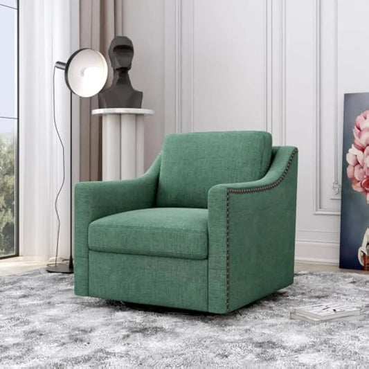 Swivel Barrel Chair, Modern Linen Boucle Swivel Accent Chair with Comfy Back Pillow, Oversized Swivel Upholstered Reading Loung
