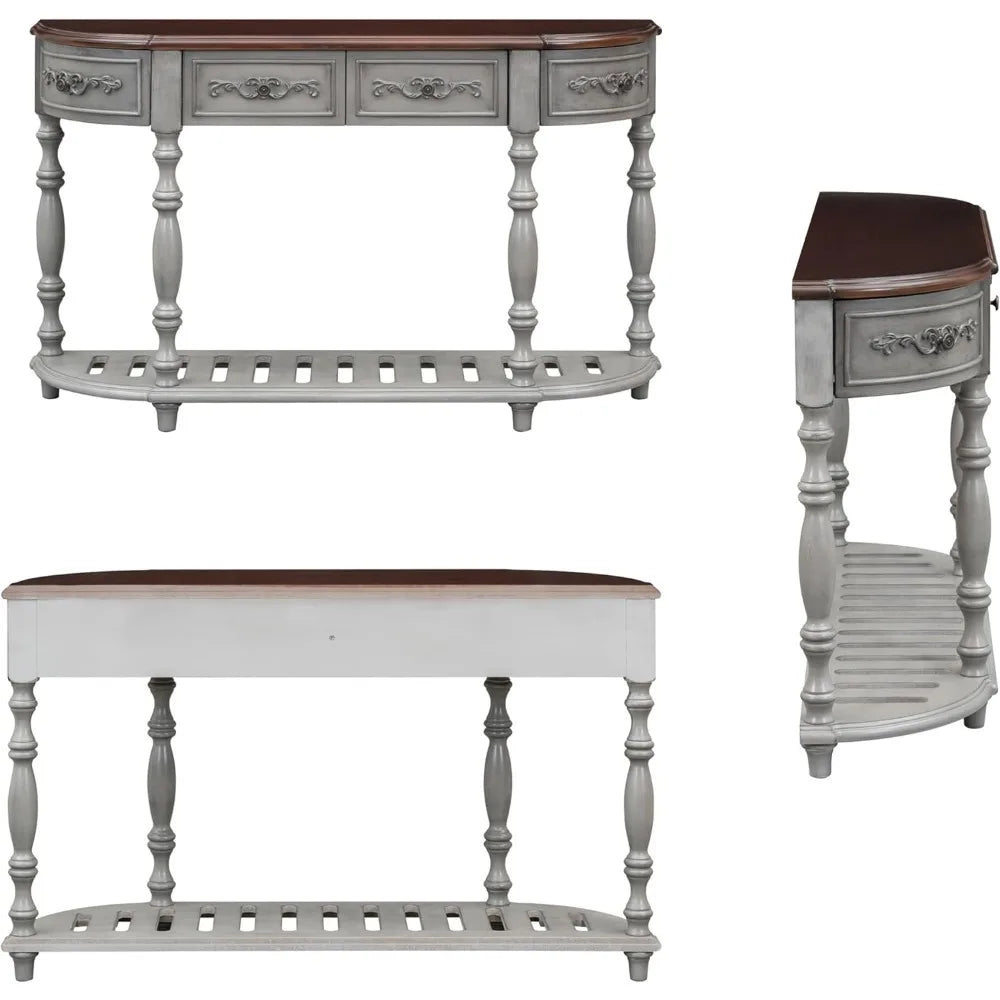 Retro Wood Curved Console Table 52 Inch Half Moon Hall Sofa Table with Drawers and Shelf for Living Room Home Furniture