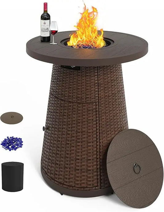 37 Inch Propane Fire Pit Table Outdoor Round Bar High Fire Tables Gas Firepits for Patio Wicker Firepit with Glass F