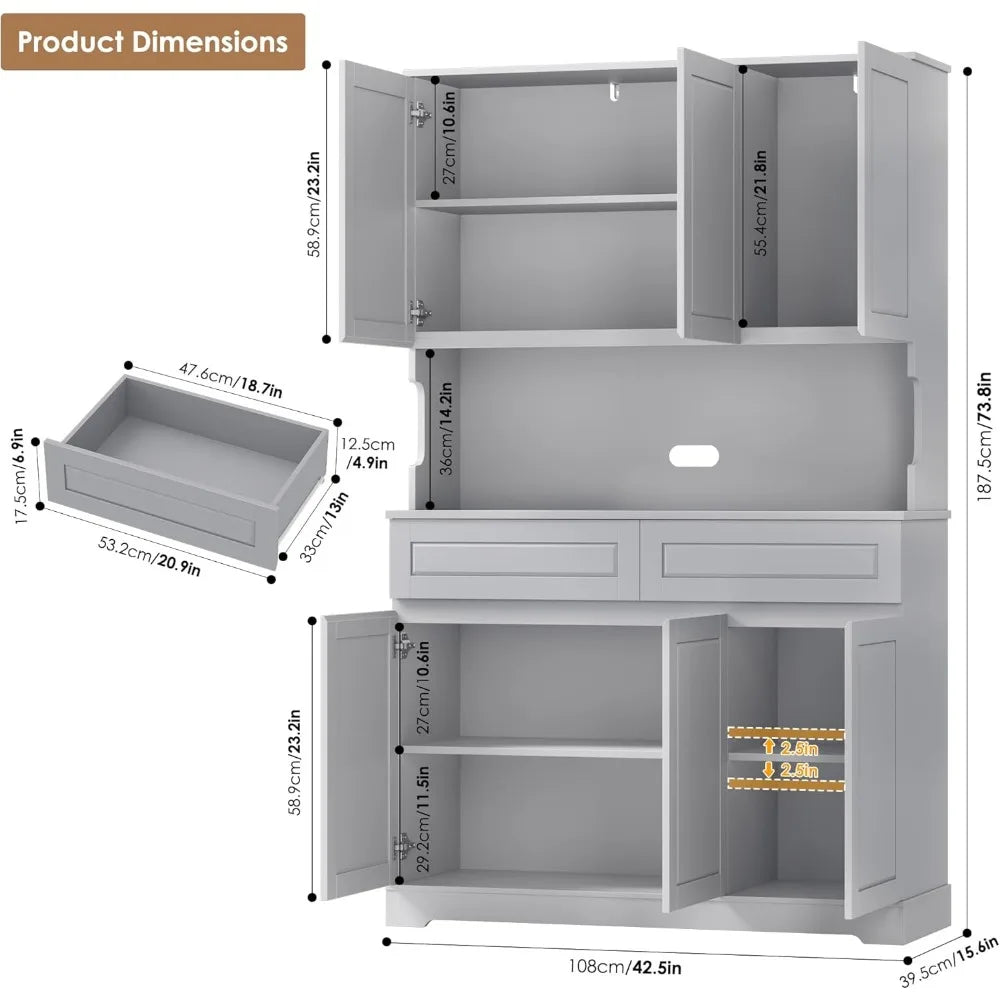 74 Inch Tall Kitchen Pantry Cabinet with 6 Doors and 2 Drawers Modern Kitchen Cupboard