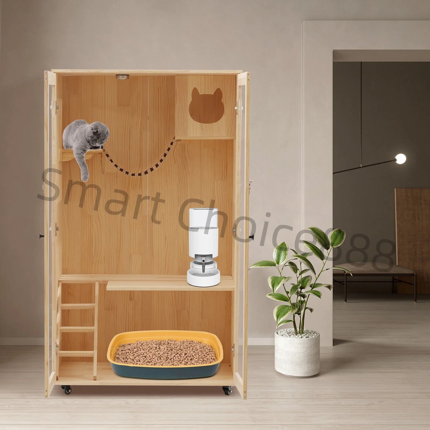 Large Wooden Cat House Luxury Multi-Feature Cat Condo Cat Condo House with Posts Oversized Cat Villa on Wheels
