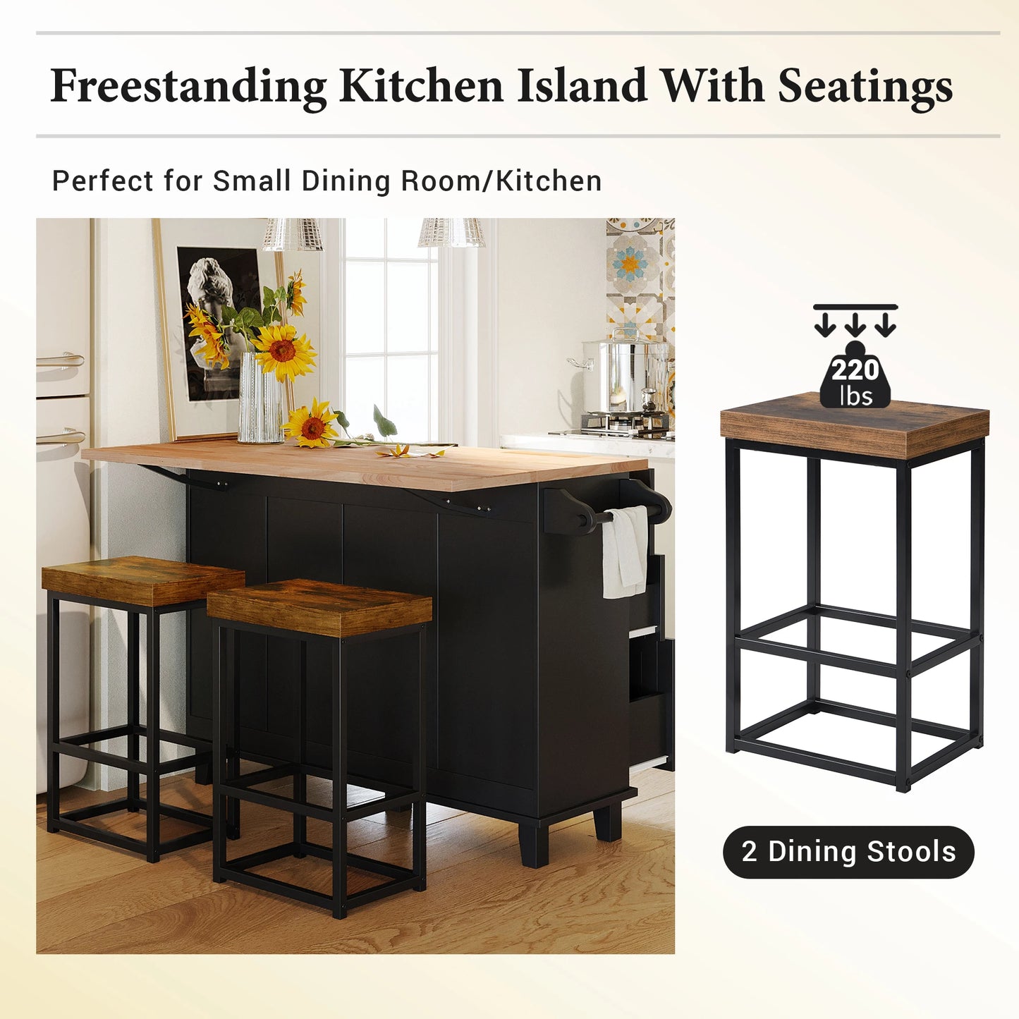 Topmax Farmhouse Kitchen Island Set with Drop Leaf and 2 Seatings Dining Table Set with Storage Cabinet Drawers and Towel Rack