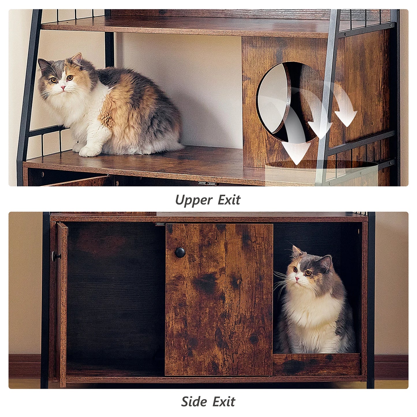 Redlife Cat Litter Box Enclosure w/ 3 Shelves and Doors, 3 in 1 Large Cat House Cabinet Wood Cat Washroom Furniture with Scratch