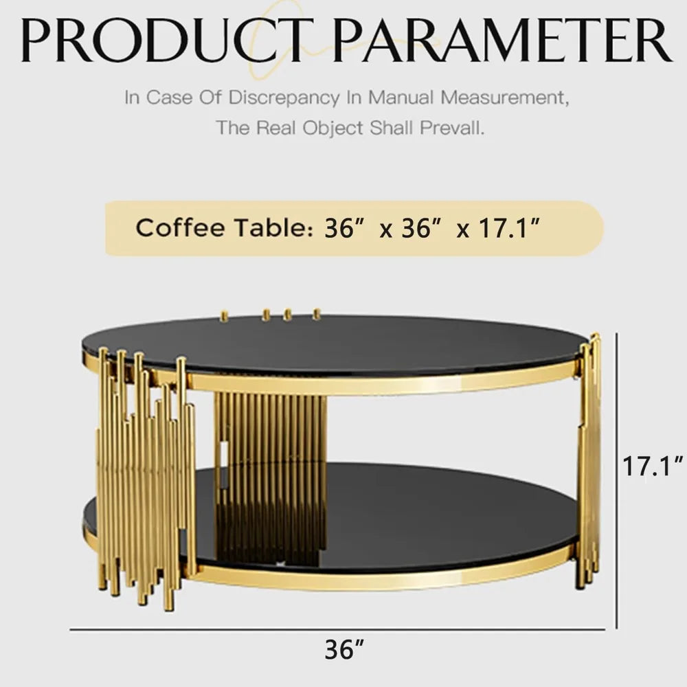 Round Glass Coffee Table 36 Inch Modern Luxury Black Living Room Table Gold Stainless Steel Irregular Legs Cocktail Table