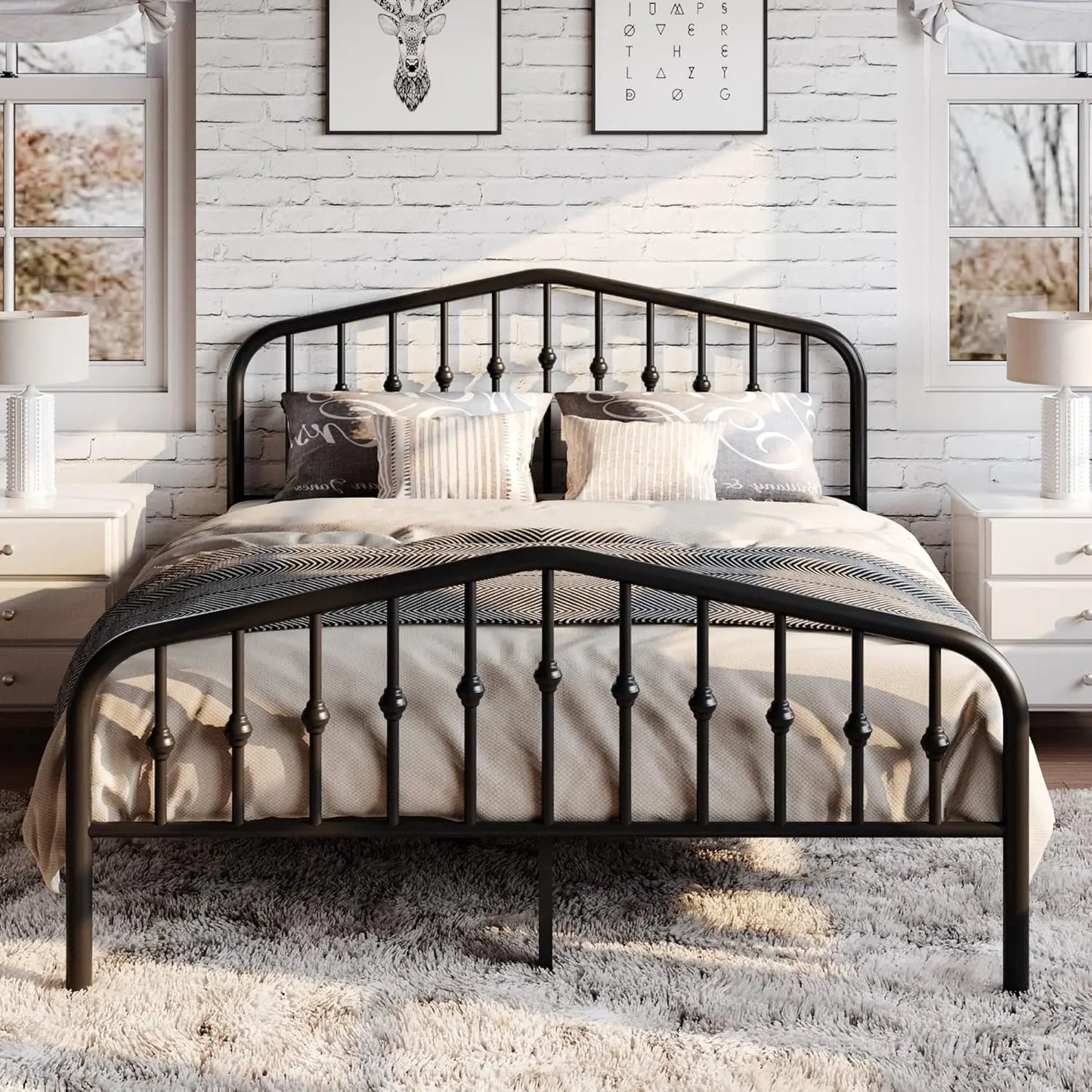 Queen Size Metal Platform Bed Frame with Victorian Style Wrought Iron Headboard and Footboard No Box Spring Required Black