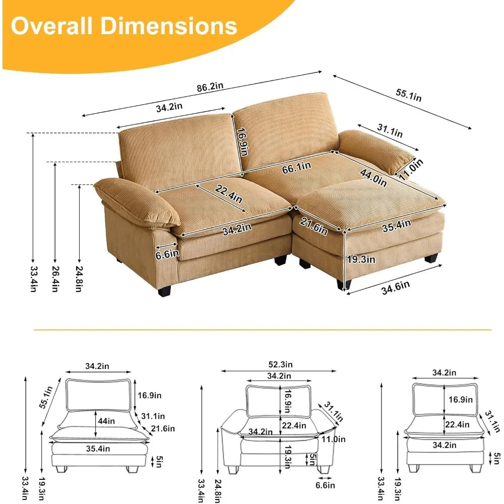 Modular Deep Seat Sectional Sofa with Ottoman Corduroy Sleeper Sofa Comfy Upholstered Furniture for Living Room