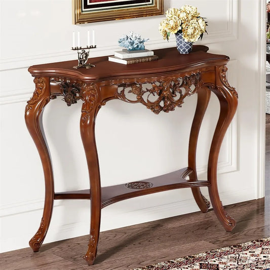 Antique Console Table 38 Inch Victorian Half Moon Sofa Table with Hollow Floral Apron and Cabriole Legs Vintage Traditional Design