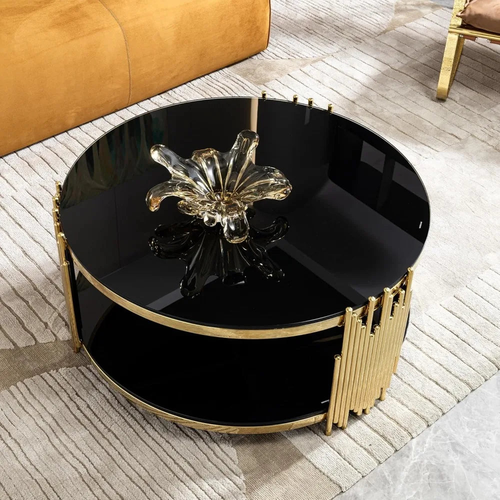 Round Glass Coffee Table 36 Inch Modern Luxury Black Living Room Table Gold Stainless Steel Irregular Legs Cocktail Table